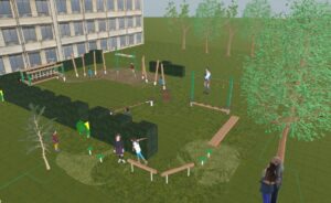 Grafik der Spielplatzerweiterung in der Waldrand-Siedlung mit Elementen zum klettern, bilanzieren und langhangeln