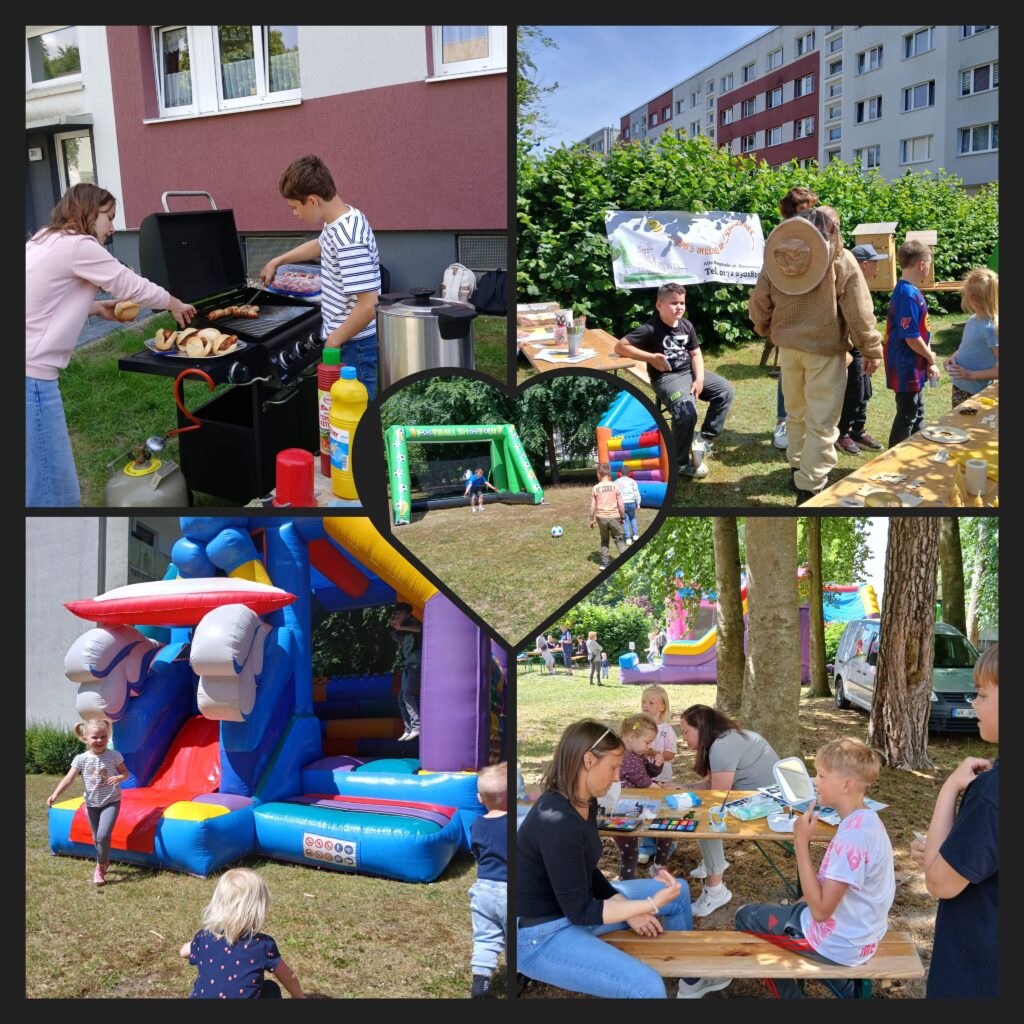 Spielende Kinder auf dem Kinderfest der Wohnungsbaugenossenschaft eG Wittstock im Waldring